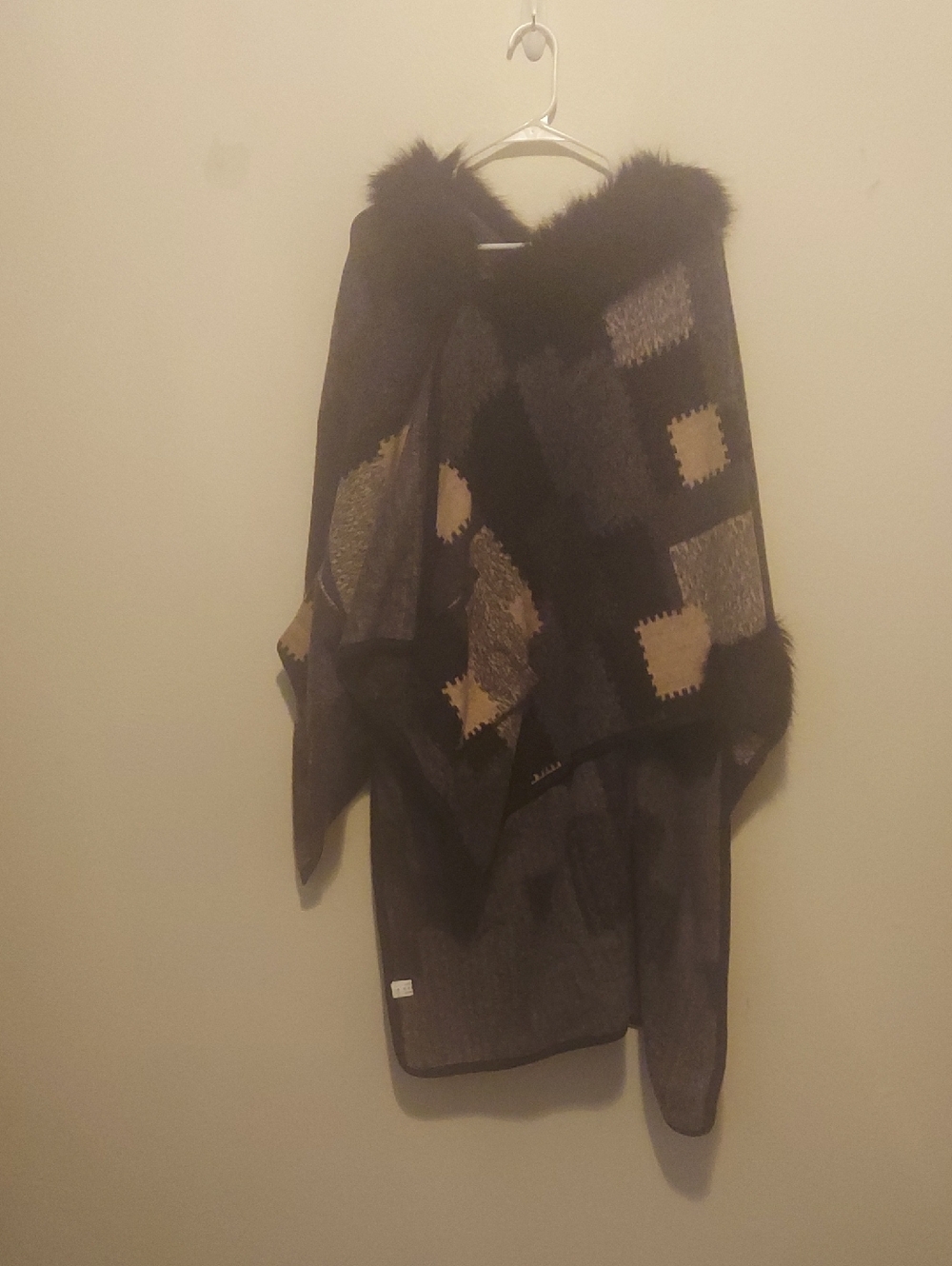 & Other Stories Black and Beige Patchwork Faux-Fur Trim Pea Coat